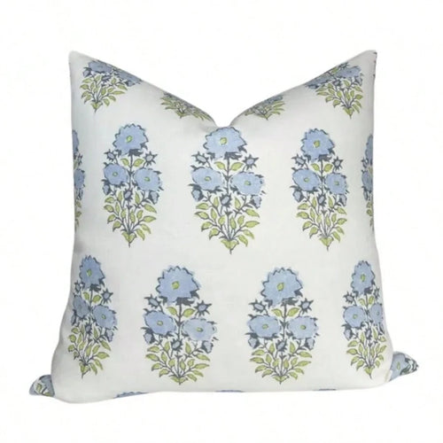 Mughal Pillow Cover In Blue, Designer Decorative Pillows Case,Soft Blue Block Print Vertical Floral Stem Decor Throw Pillow Cover