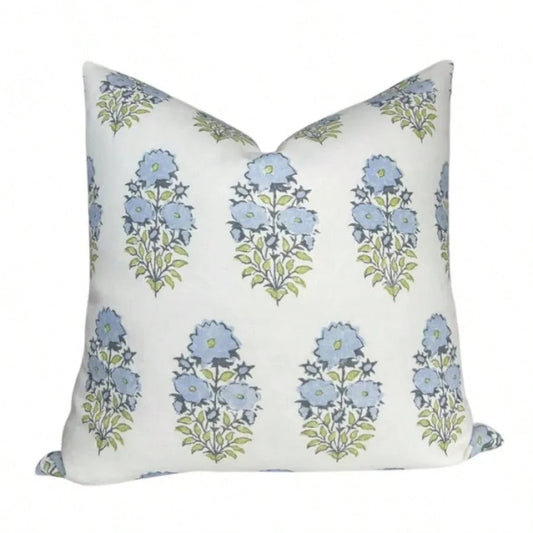Mughal Pillow Cover In Blue, Designer Decorative Pillows Case,Soft Blue Block Print Vertical Floral Stem Decor Throw Pillow Cover