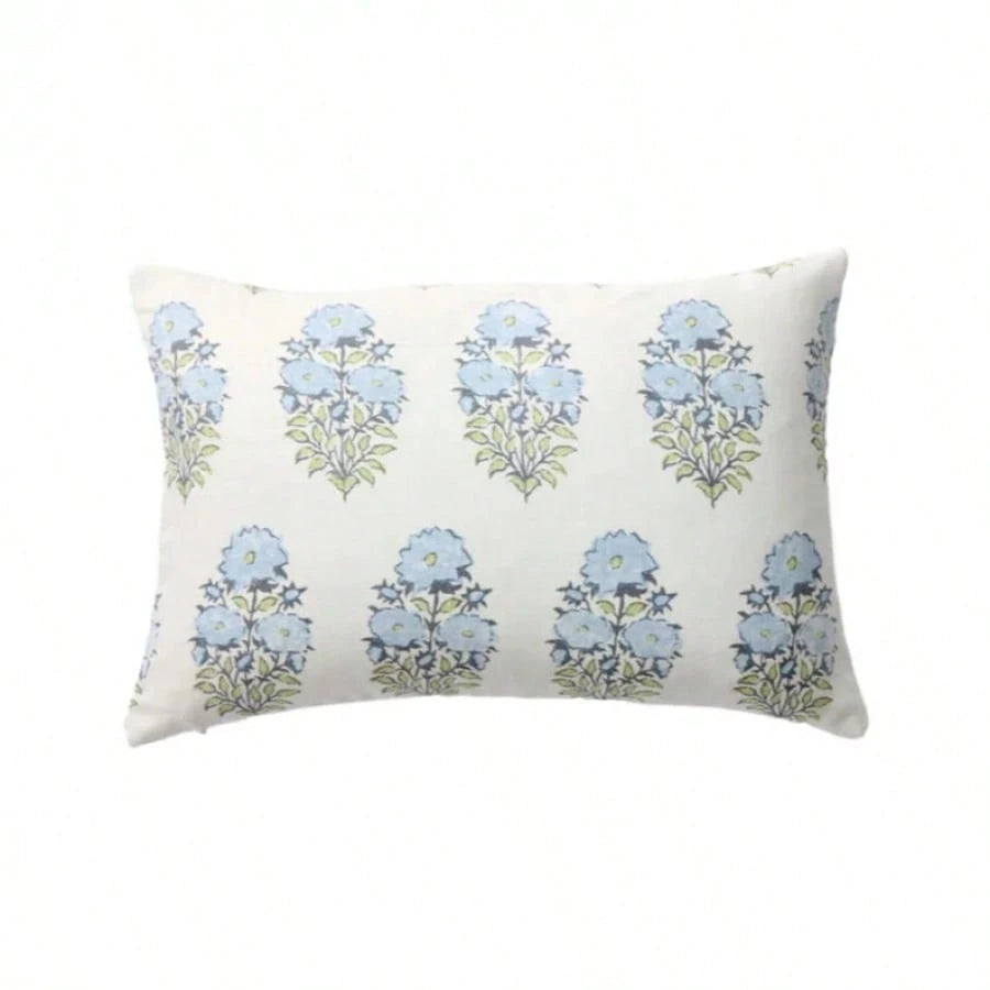 Mughal Pillow Cover In Blue, Designer Decorative Pillows Case,Soft Blue Block Print Vertical Floral Stem Decor Throw Pillow Cover