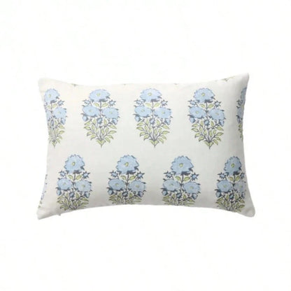 Mughal Pillow Cover In Blue, Designer Decorative Pillows Case,Soft Blue Block Print Vertical Floral Stem Decor Throw Pillow Cover