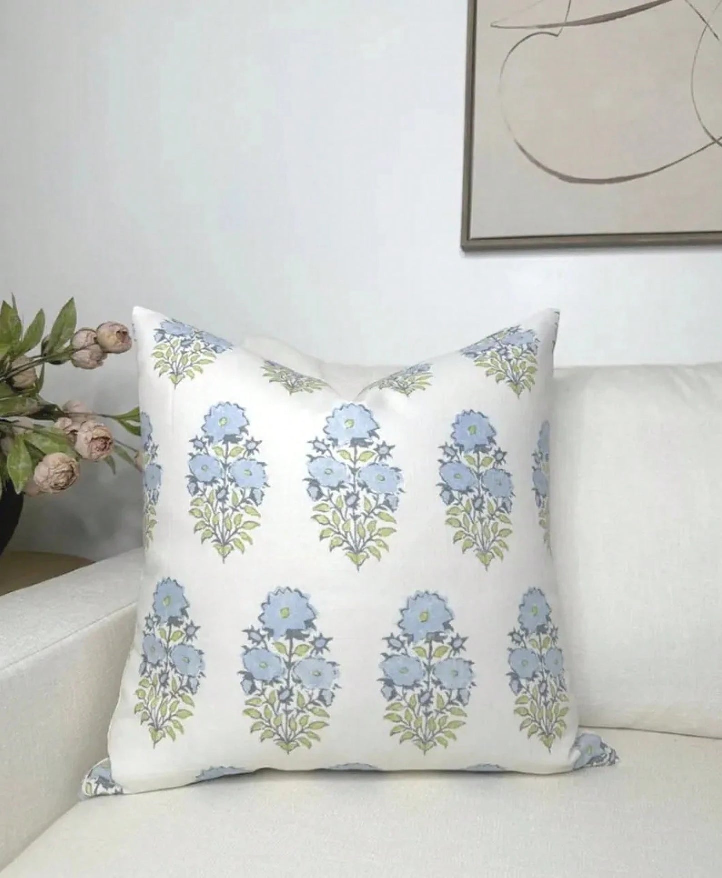 Mughal Pillow Cover In Blue, Designer Decorative Pillows Case,Soft Blue Block Print Vertical Floral Stem Decor Throw Pillow Cover
