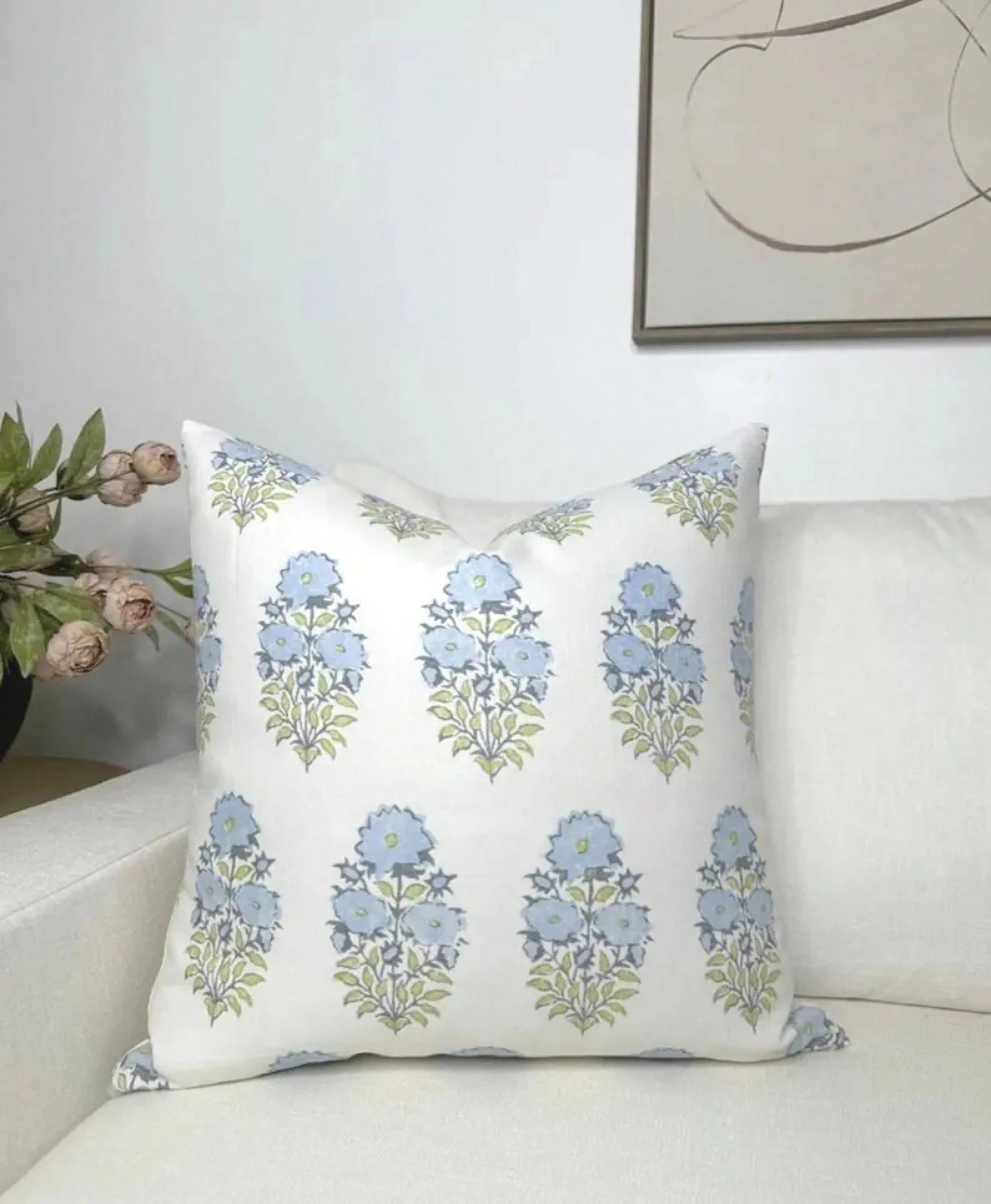 Mughal Pillow Cover In Blue, Designer Decorative Pillows Case,Soft Blue Block Print Vertical Floral Stem Decor Throw Pillow Cover