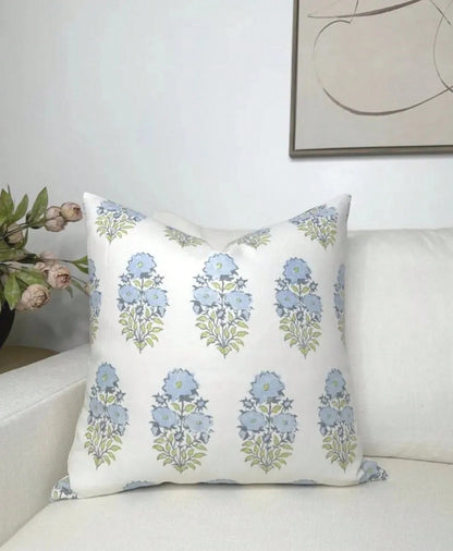 Mughal Pillow Cover In Blue, Designer Decorative Pillows Case,Soft Blue Block Print Vertical Floral Stem Decor Throw Pillow Cover