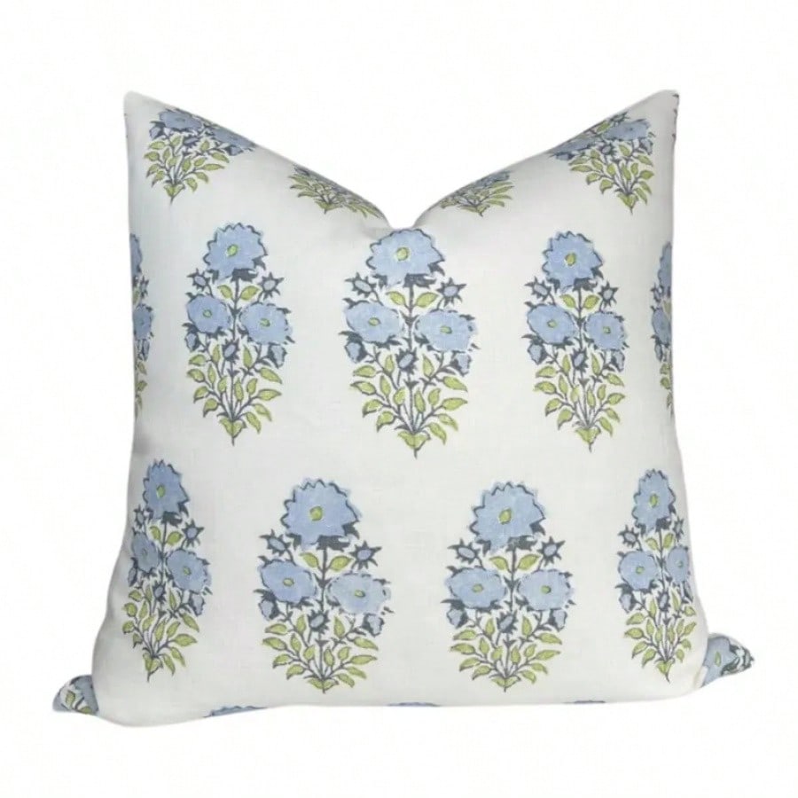 Mughal Pillow Cover In Blue, Designer Decorative Pillows Case,Soft Blue Block Print Vertical Floral Stem Decor Throw Pillow Cover