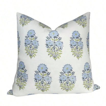 Mughal Pillow Cover In Blue, Designer Decorative Pillows Case,Soft Blue Block Print Vertical Floral Stem Decor Throw Pillow Cover
