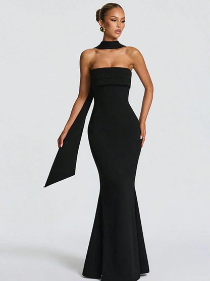 Multi Color Halter Sash Strapless Mermaid Maxi Gown, Solid Slim Side Slit Floor Length Dress For Gala Dinner, Prom Night & Wedding Guest Events
