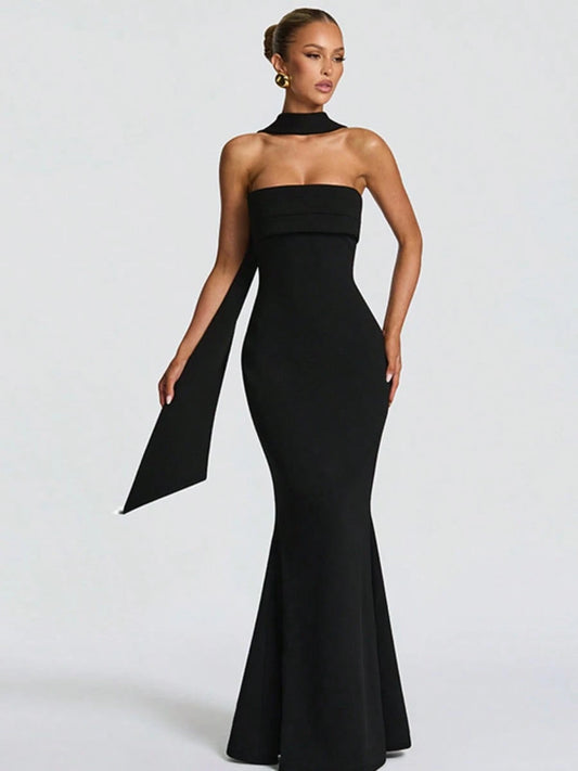 Multi Color Halter Sash Strapless Mermaid Maxi Gown, Solid Slim Side Slit Floor Length Dress For Gala Dinner, Prom Night & Wedding Guest Events