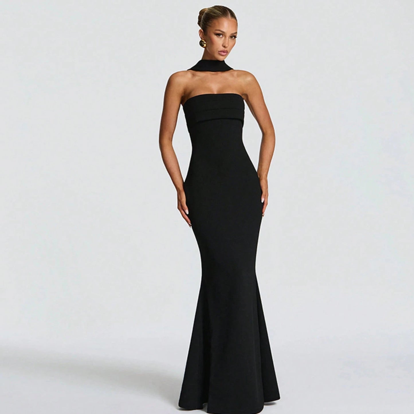 Multi Color Halter Sash Strapless Mermaid Maxi Gown, Solid Slim Side Slit Floor Length Dress For Gala Dinner, Prom Night & Wedding Guest Events