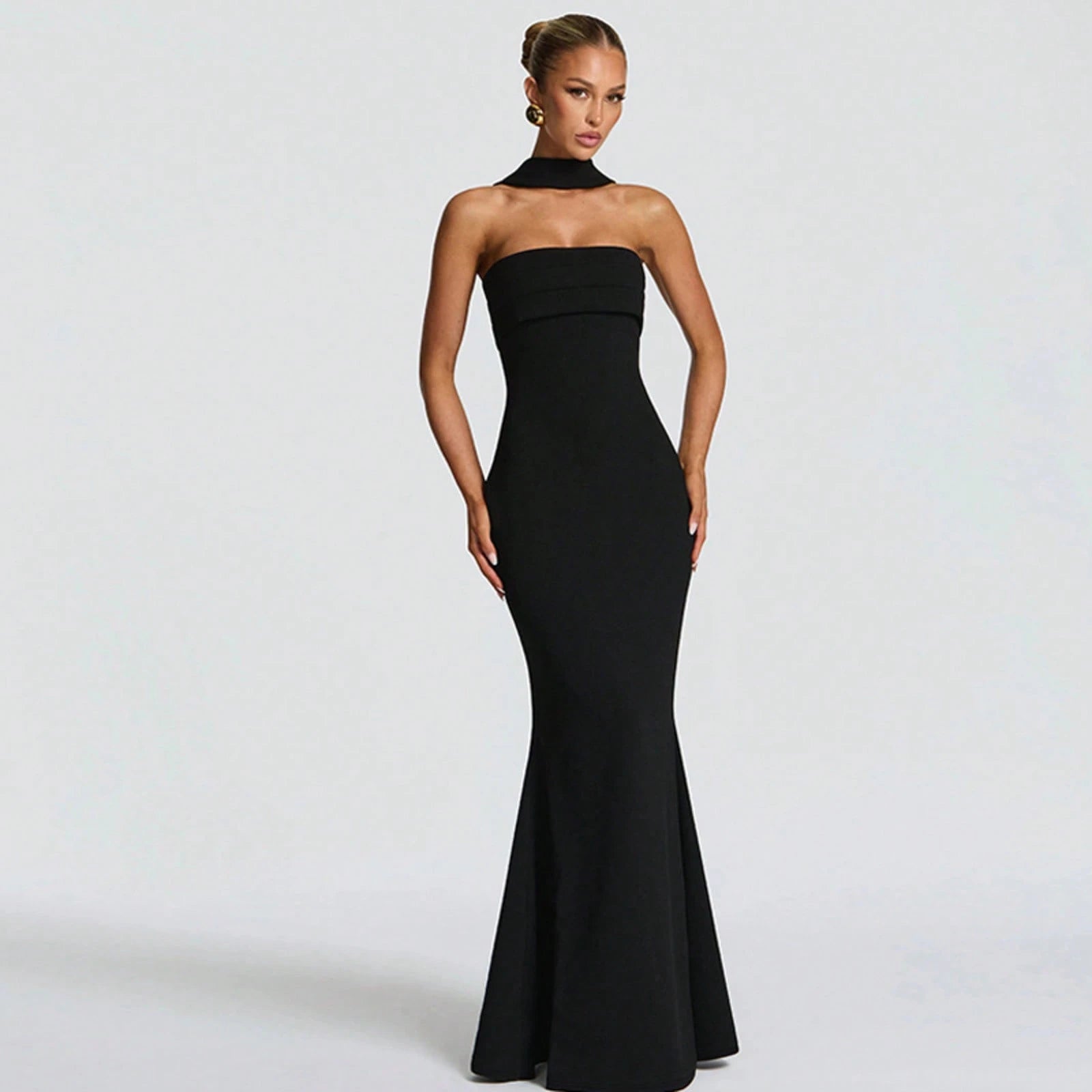 Multi Color Halter Sash Strapless Mermaid Maxi Gown, Solid Slim Side Slit Floor Length Dress For Gala Dinner, Prom Night & Wedding Guest Events