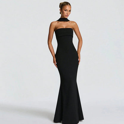 Multi Color Halter Sash Strapless Mermaid Maxi Gown, Solid Slim Side Slit Floor Length Dress For Gala Dinner, Prom Night & Wedding Guest Events