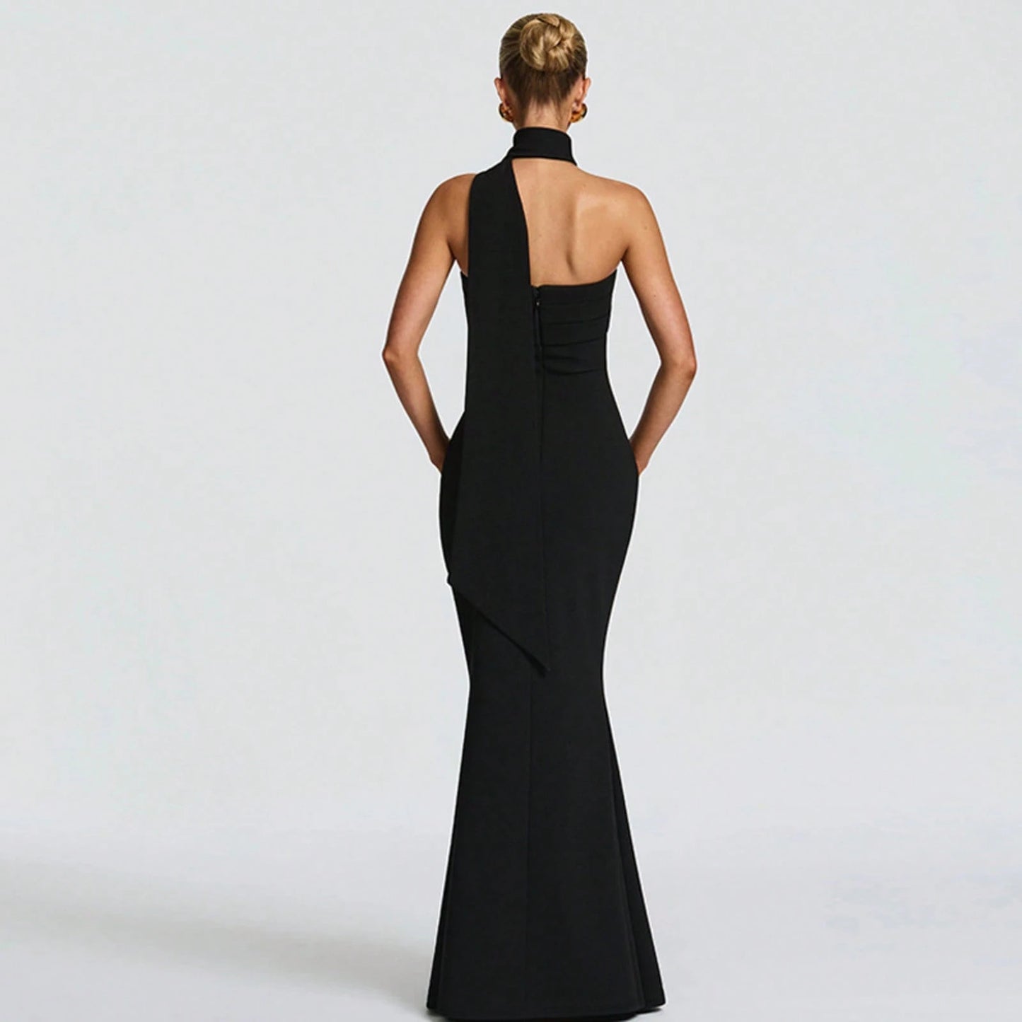 Multi Color Halter Sash Strapless Mermaid Maxi Gown, Solid Slim Side Slit Floor Length Dress For Gala Dinner, Prom Night & Wedding Guest Events