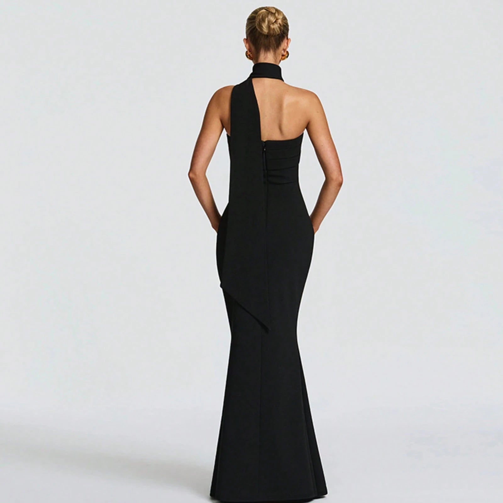 Multi Color Halter Sash Strapless Mermaid Maxi Gown, Solid Slim Side Slit Floor Length Dress For Gala Dinner, Prom Night & Wedding Guest Events