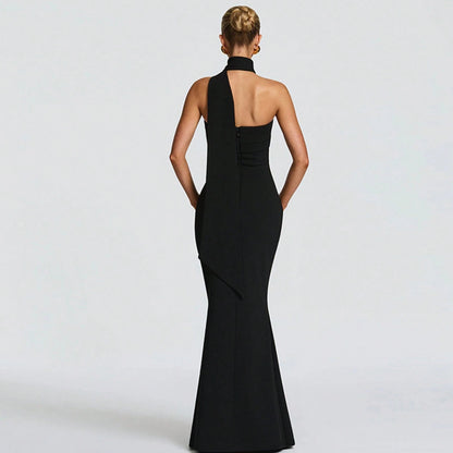 Multi Color Halter Sash Strapless Mermaid Maxi Gown, Solid Slim Side Slit Floor Length Dress For Gala Dinner, Prom Night & Wedding Guest Events