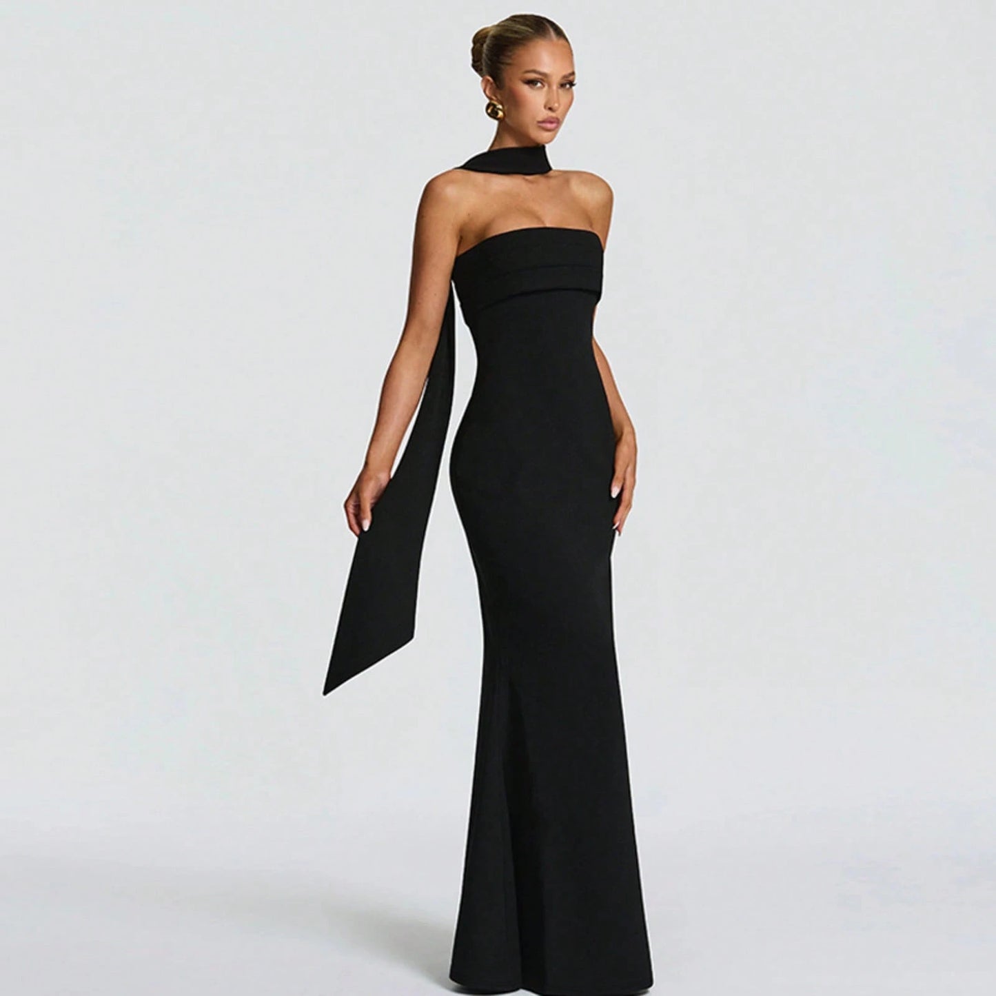 Multi Color Halter Sash Strapless Mermaid Maxi Gown, Solid Slim Side Slit Floor Length Dress For Gala Dinner, Prom Night & Wedding Guest Events