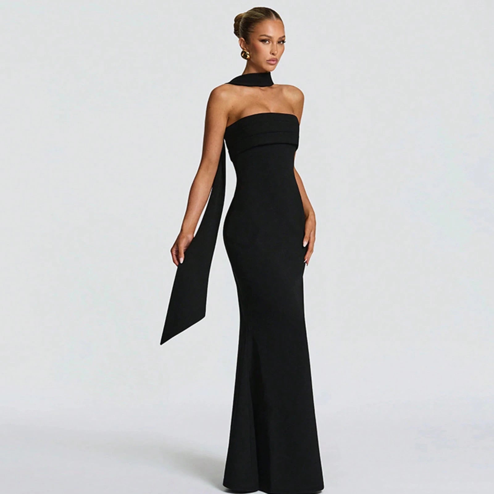 Multi Color Halter Sash Strapless Mermaid Maxi Gown, Solid Slim Side Slit Floor Length Dress For Gala Dinner, Prom Night & Wedding Guest Events