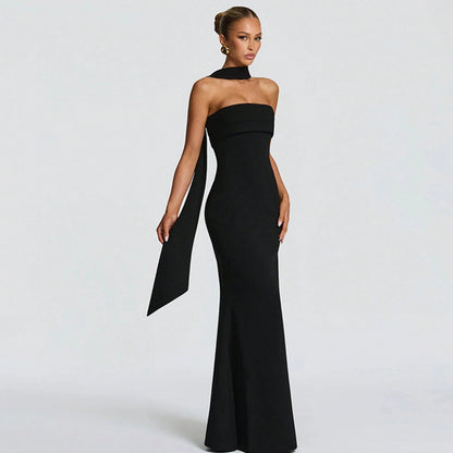 Multi Color Halter Sash Strapless Mermaid Maxi Gown, Solid Slim Side Slit Floor Length Dress For Gala Dinner, Prom Night & Wedding Guest Events