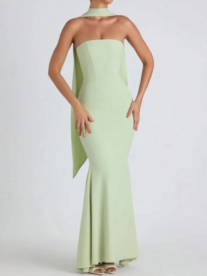 Multi Color Halter Sash Strapless Mermaid Maxi Gown, Solid Slim Side Slit Floor Length Dress For Gala Dinner, Prom Night & Wedding Guest Events