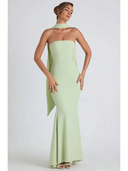 Multi Color Halter Sash Strapless Mermaid Maxi Gown, Solid Slim Side Slit Floor Length Dress For Gala Dinner, Prom Night & Wedding Guest Events