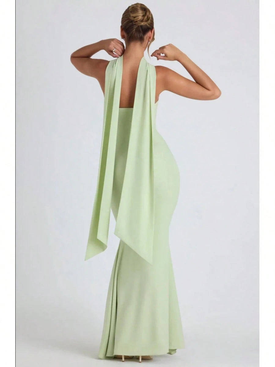 Multi Color Halter Sash Strapless Mermaid Maxi Gown, Solid Slim Side Slit Floor Length Dress For Gala Dinner, Prom Night & Wedding Guest Events
