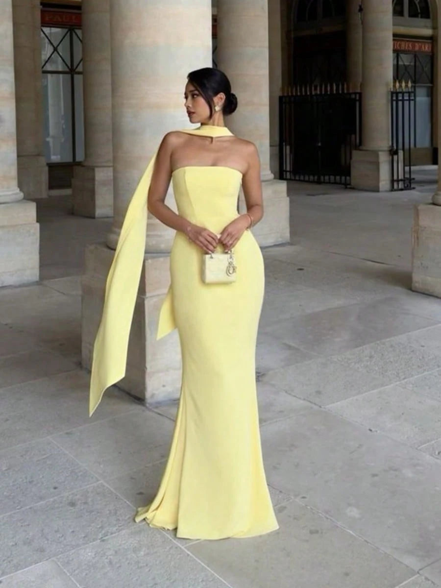 Multi Color Halter Sash Strapless Mermaid Maxi Gown, Solid Slim Side Slit Floor Length Dress For Gala Dinner, Prom Night & Wedding Guest Events