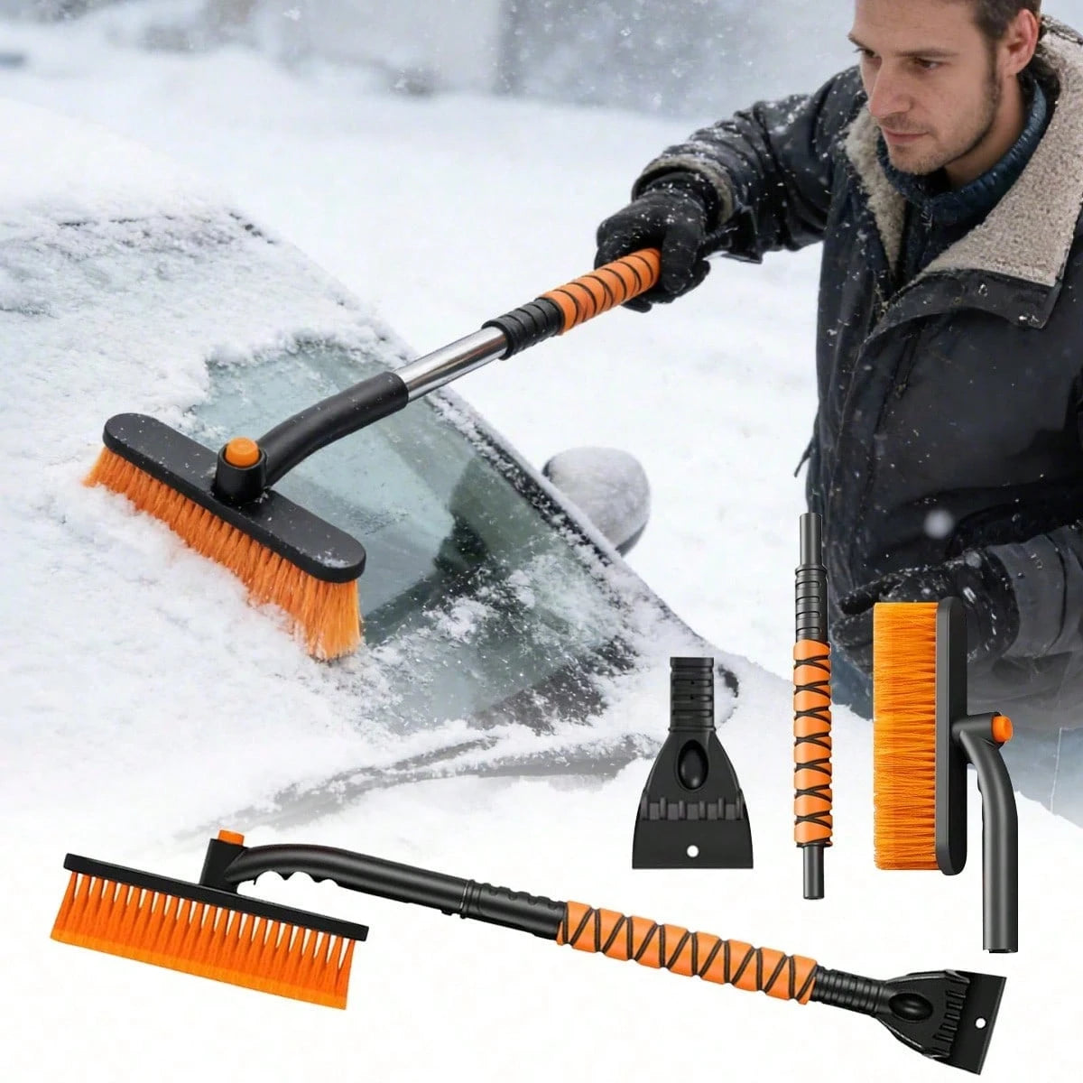 Multi-Functional Snow Brush Ice Scraper With Detachable Ergonomic Foam Grip For Car Automobile Vehicle Window SUV Truck Windshield Patios Driveways Sidewalks Winter Snow Removal