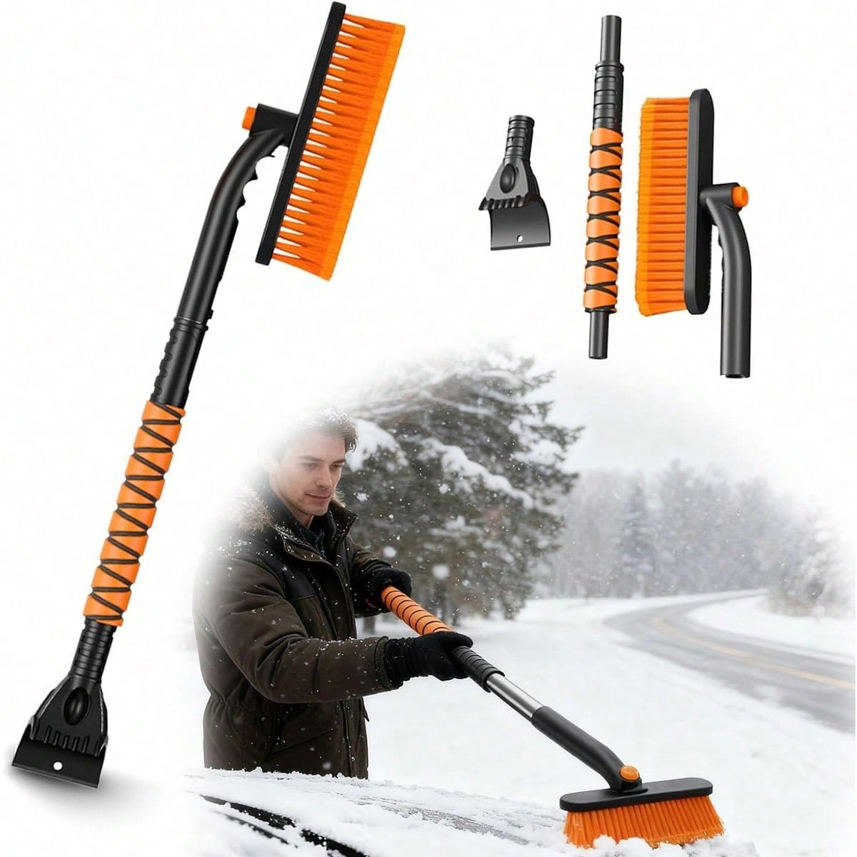 Multi-Functional Snow Brush Ice Scraper With Detachable Ergonomic Foam Grip For Car Automobile Vehicle Window SUV Truck Windshield Patios Driveways Sidewalks Winter Snow Removal