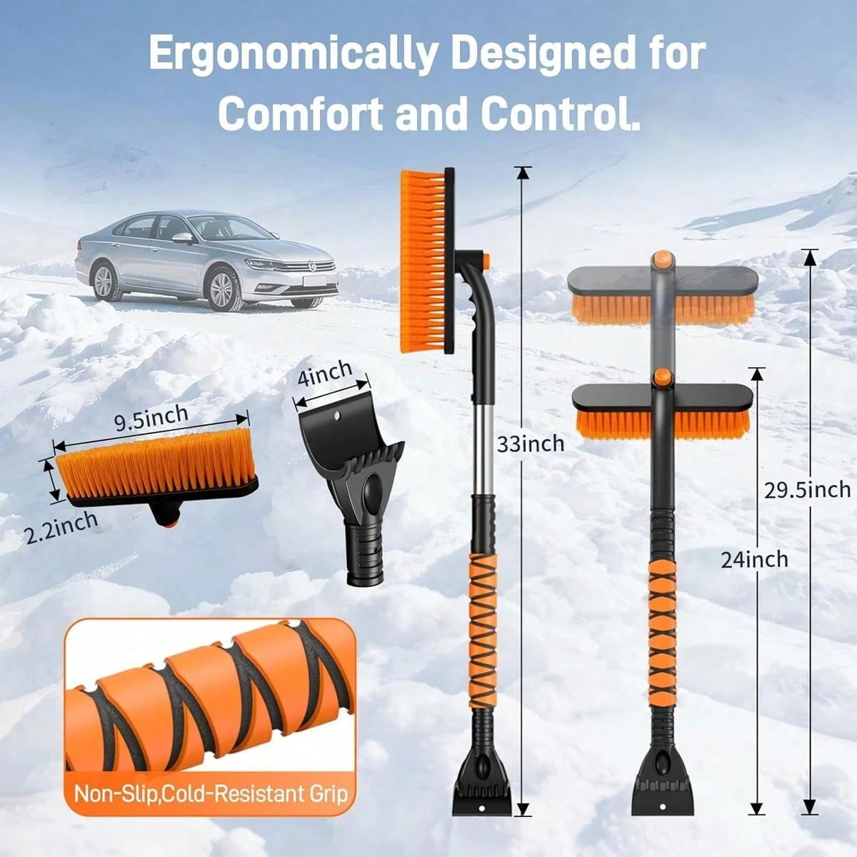 Multi-Functional Snow Brush Ice Scraper With Detachable Ergonomic Foam Grip For Car Automobile Vehicle Window SUV Truck Windshield Patios Driveways Sidewalks Winter Snow Removal