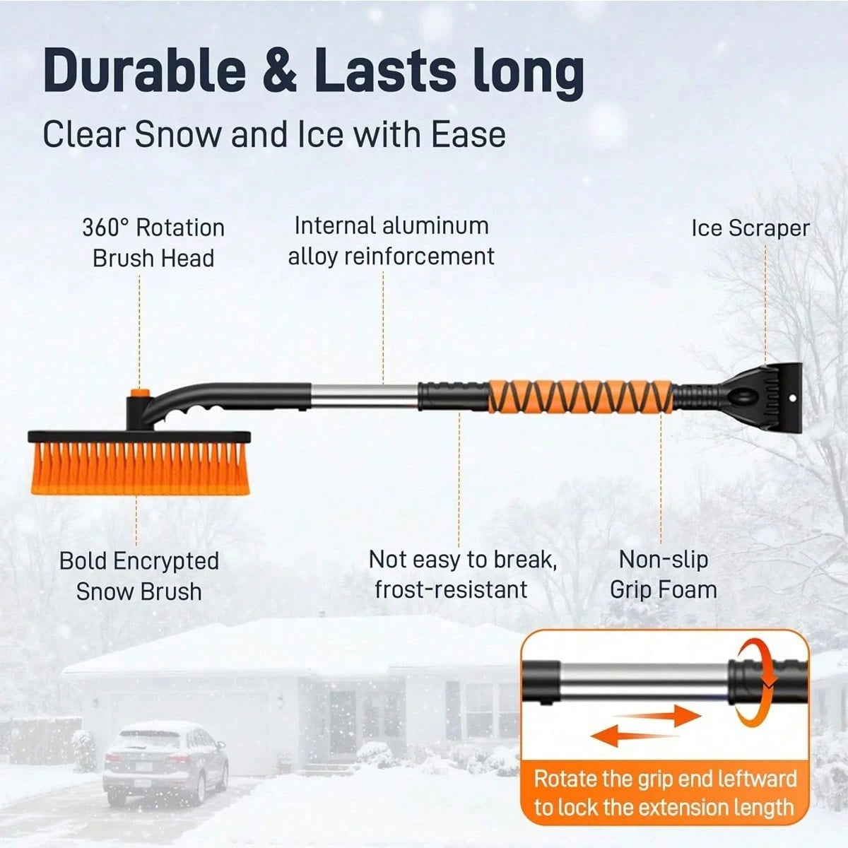 Multi-Functional Snow Brush Ice Scraper With Detachable Ergonomic Foam Grip For Car Automobile Vehicle Window SUV Truck Windshield Patios Driveways Sidewalks Winter Snow Removal