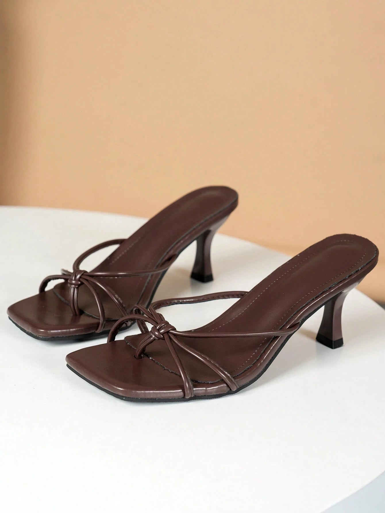Multi-Strap Criss-Cross Design Slip-On Square Toe Stiletto Heels, Fashionable High Heel Sandals For Women, Comfortable Brown High Heels, Kitten Heel, Elegant High Heels For Women, Suitable For Formal