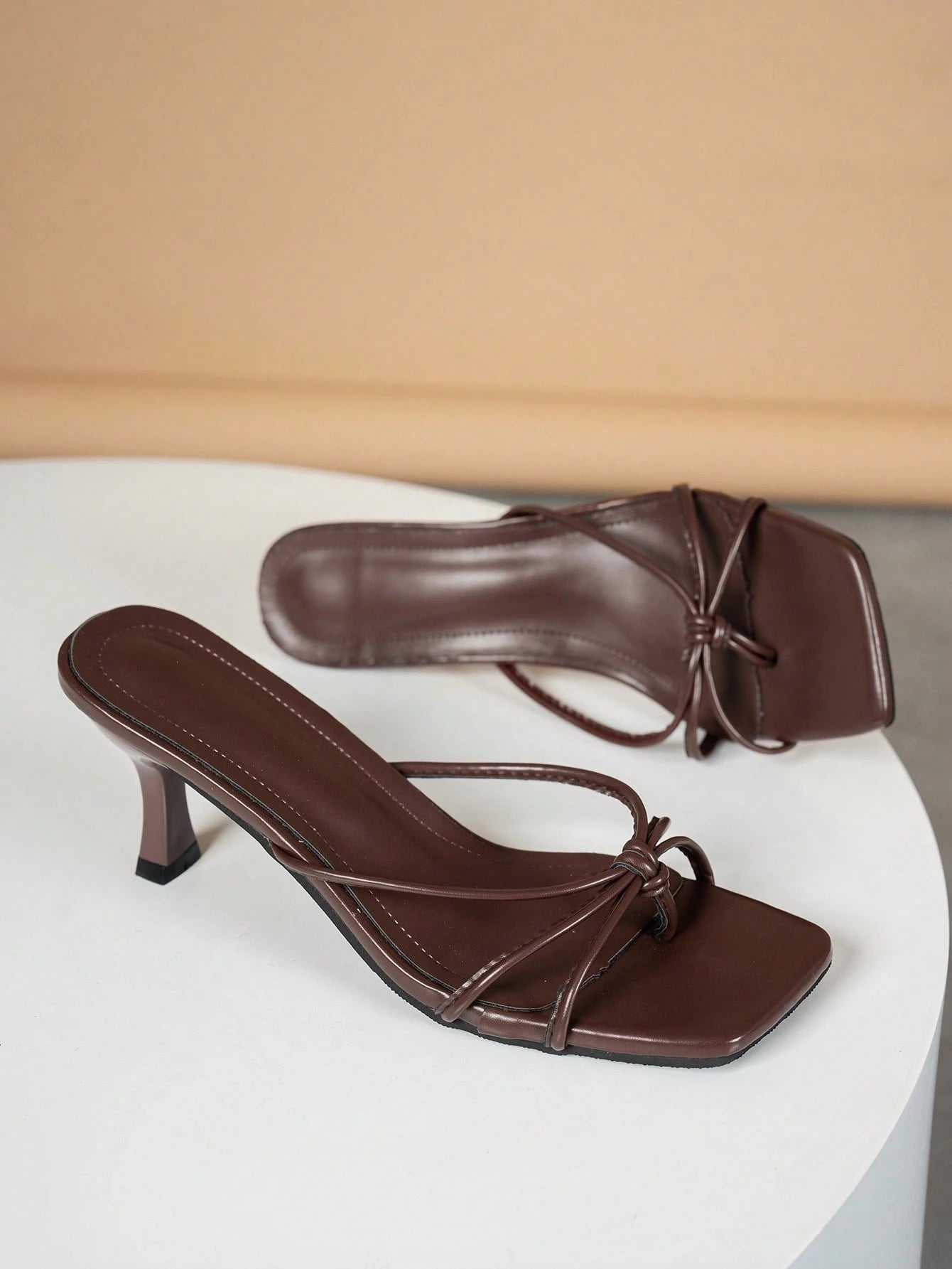 Multi-Strap Criss-Cross Design Slip-On Square Toe Stiletto Heels, Fashionable High Heel Sandals For Women, Comfortable Brown High Heels, Kitten Heel, Elegant High Heels For Women, Suitable For Formal