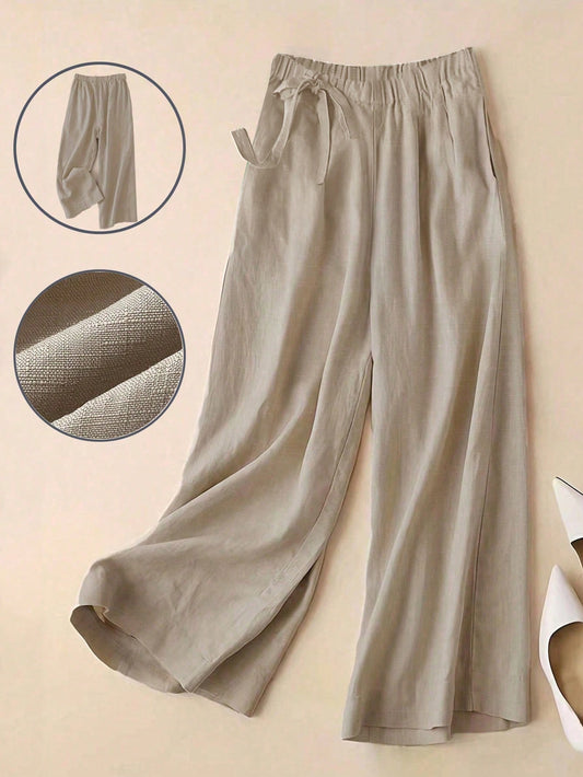 Multifunctional Linen Wide-Leg Capri Pants, High-Waist Elastic Waistband, Slim Elegant Casual Trousers For Women