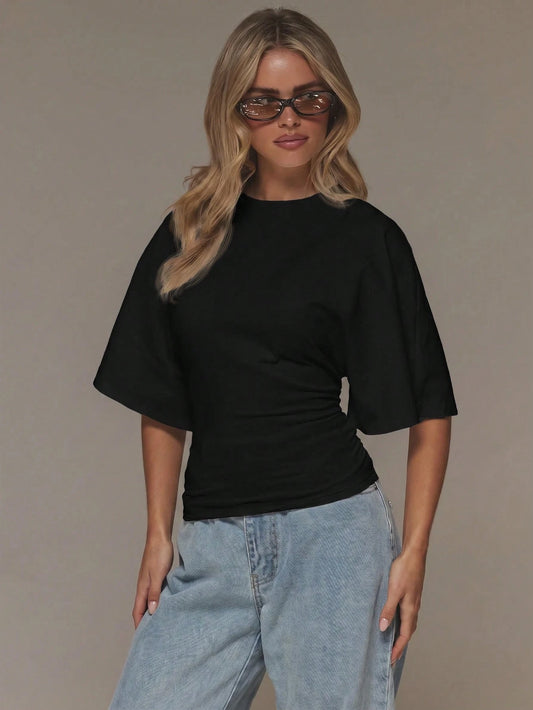 MUSERA Oversized Cinched Fitted Waist Tshirt Spring Summer Vacation Holiday Ibiza Boho Elegant Casual Everyday