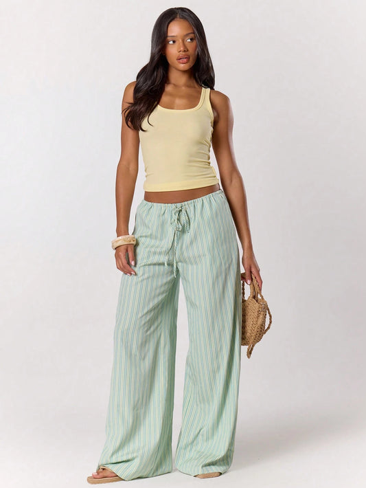 MUSERA Stripe Drawstring Wide Leg Trousers Cute Summer Holiday Vacation Casual Elegant Beach Linen Style Trousers