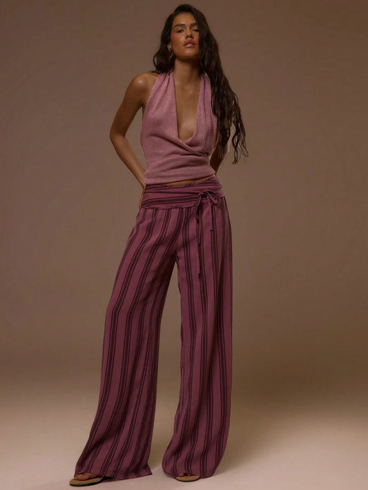 MUSERA Thick Tie Waistband Wide Leg Striped Trouser Summer Spring Sexy Cute Holiday Vacation Going Out Occasion Ibiza Elegant Sunset Ties Party