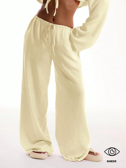 MUSERA Tie Front Linen Feel Beach Trousers Summer Festival Vacation Boho Ibiza Holiday Airport Party Pants Spring Beach Casual Elegant