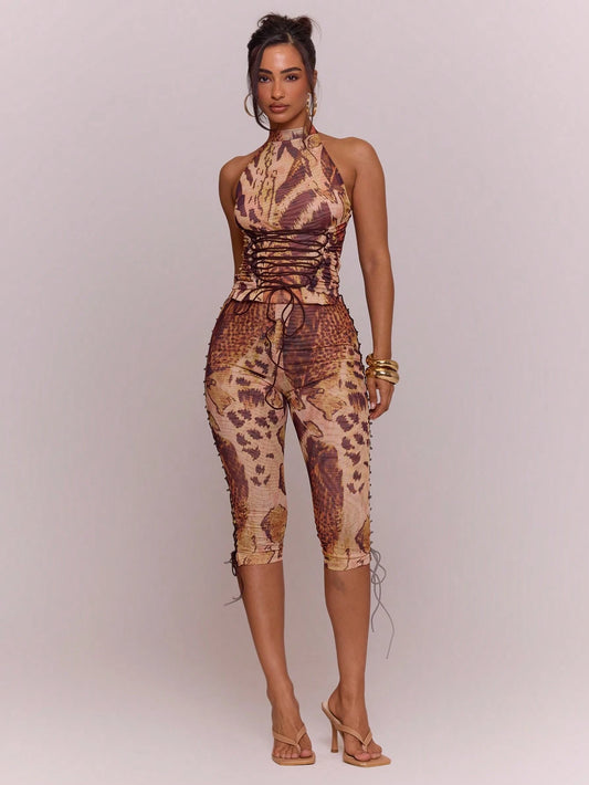MUSERA Tiger Print Elasticated Waist Lace Up Sides Fitted Capri Pants,Tan,Summer,Seksi Chic,Night Out,Cute Holiday Festival Cool Girl Vintage Vacation
