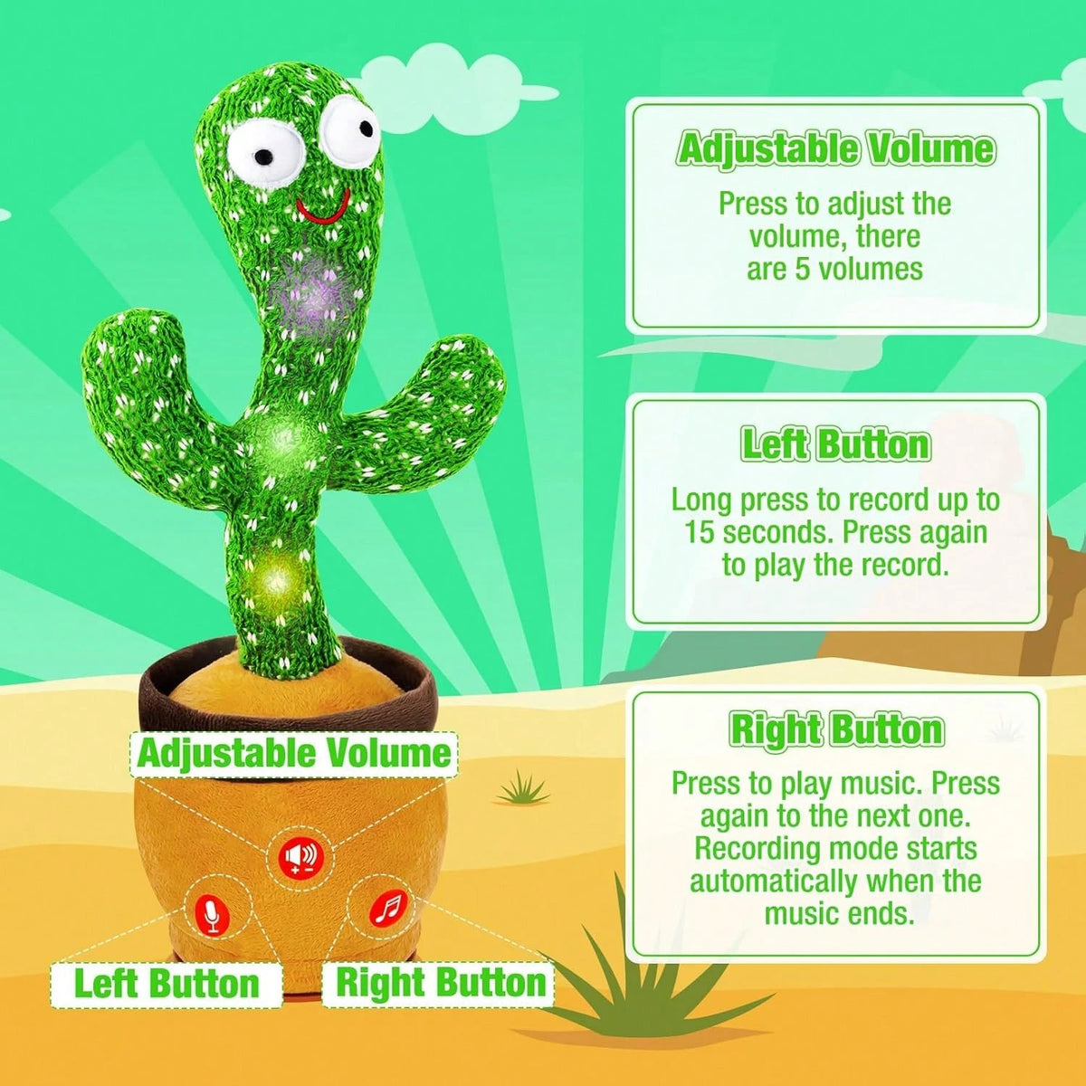 Musical Singing Dancing Cactus Toy For Toddlers, Mimicking Recording Repeating Plush With Adjustable Volume & 120 Songs, Interactive Tummy Time Baby Toy For All Kids