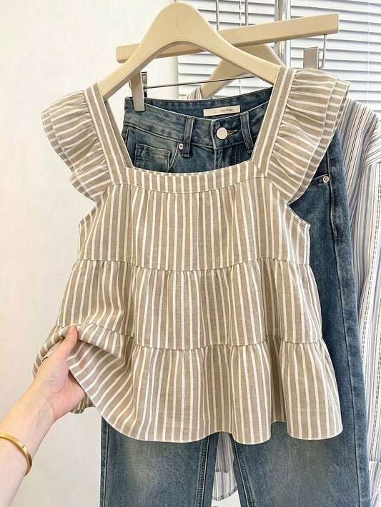 Muvela Women's Casual Multi-Layer Ruffle Cap Sleeve Loose Blouse, Striped Shirt, Summer Clothing For Ladies,Summer Top Elegant