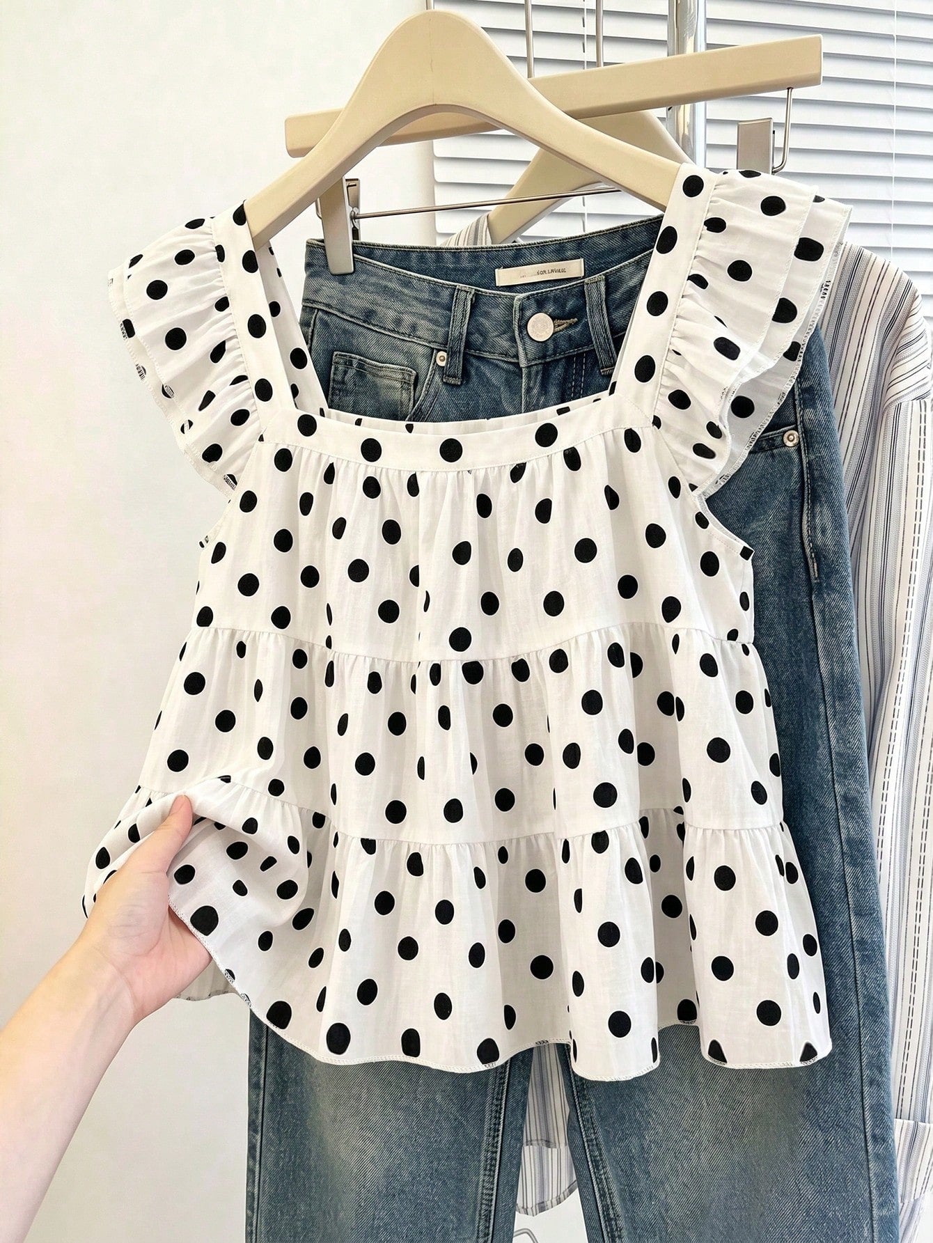 Muvela Women's Cute White With Black Polka Dots Summer Multi-Layer Ruffle Loose Blouse,Brunch Holiday Fashionable Elegant Top For Beach,Vacation,Y2K Party