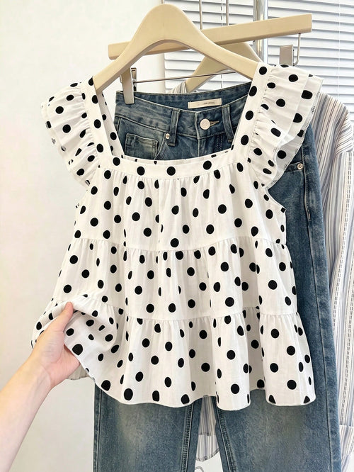 Muvela Women's Cute White With Black Polka Dots Summer Multi-Layer Ruffle Loose Blouse,Brunch Holiday Fashionable Elegant Top For Beach,Vacation,Y2K Party