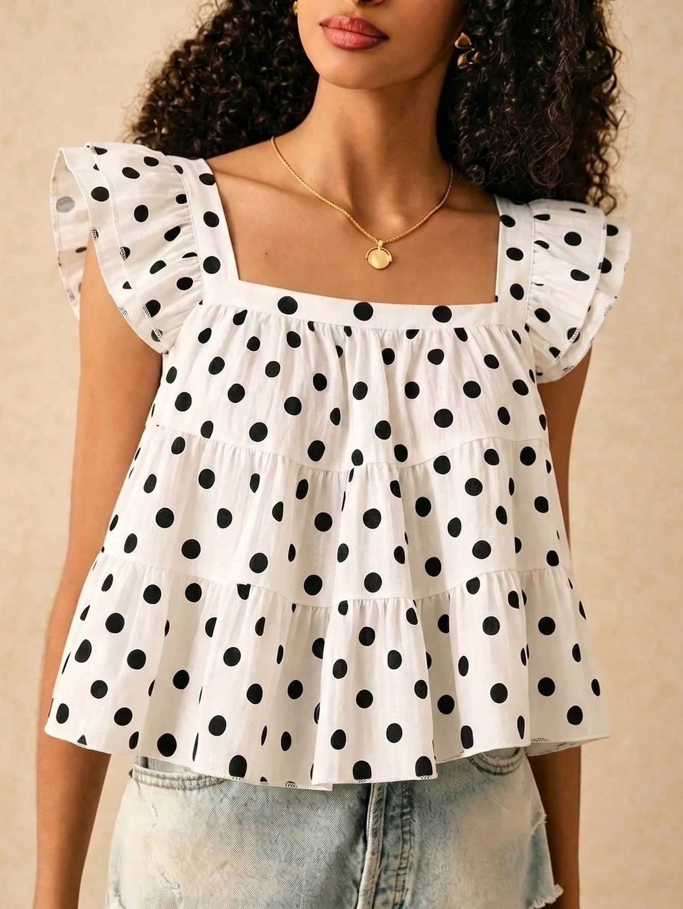 Muvela Women's Cute White With Black Polka Dots Summer Multi-Layer Ruffle Loose Blouse,Brunch Holiday Fashionable Elegant Top For Beach,Vacation,Y2K Party