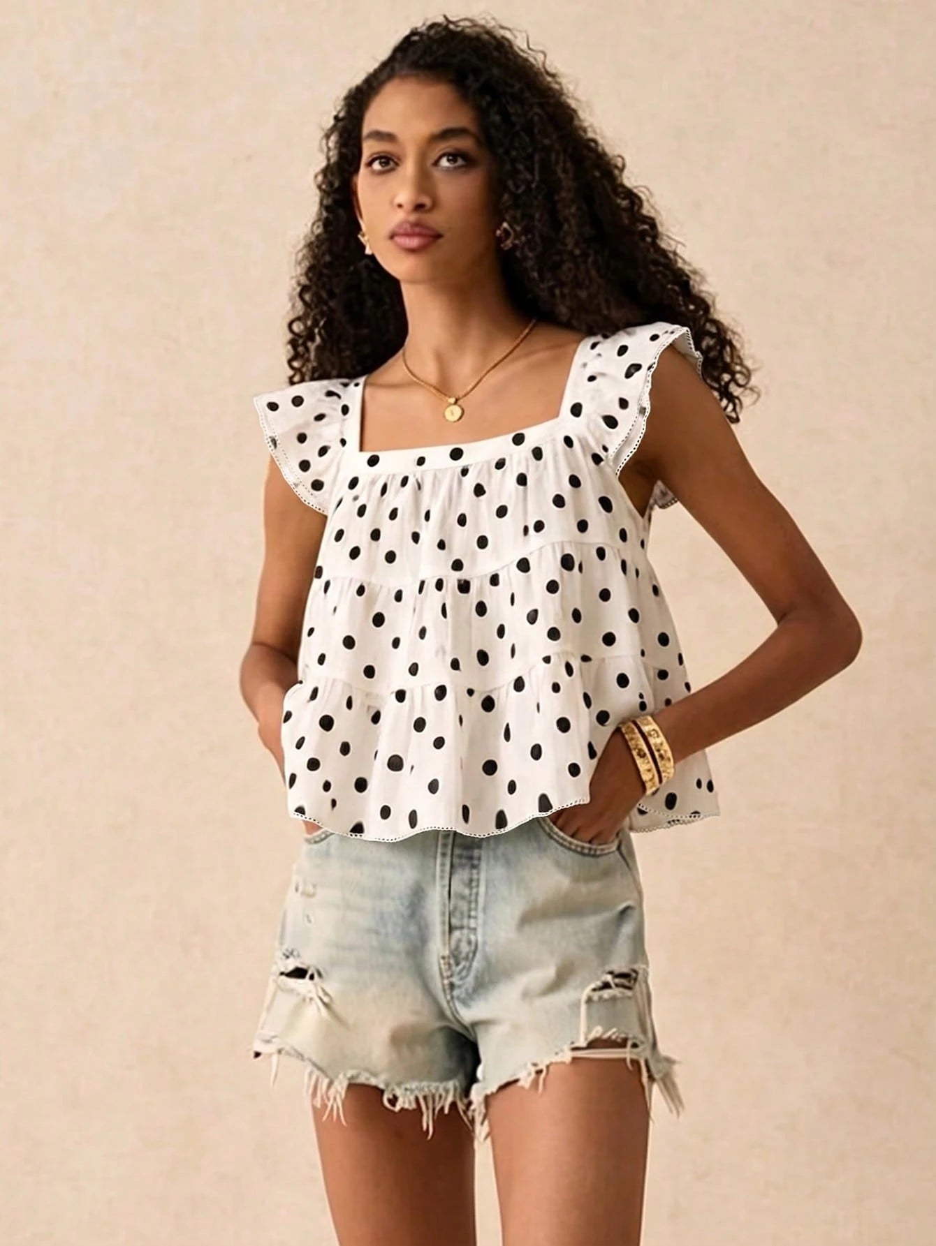 Muvela Women's Cute White With Black Polka Dots Summer Multi-Layer Ruffle Loose Blouse,Brunch Holiday Fashionable Elegant Top For Beach,Vacation,Y2K Party