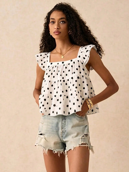 Muvela Women's Cute White With Black Polka Dots Summer Multi-Layer Ruffle Loose Blouse,Brunch Holiday Fashionable Elegant Top For Beach,Vacation,Y2K Party