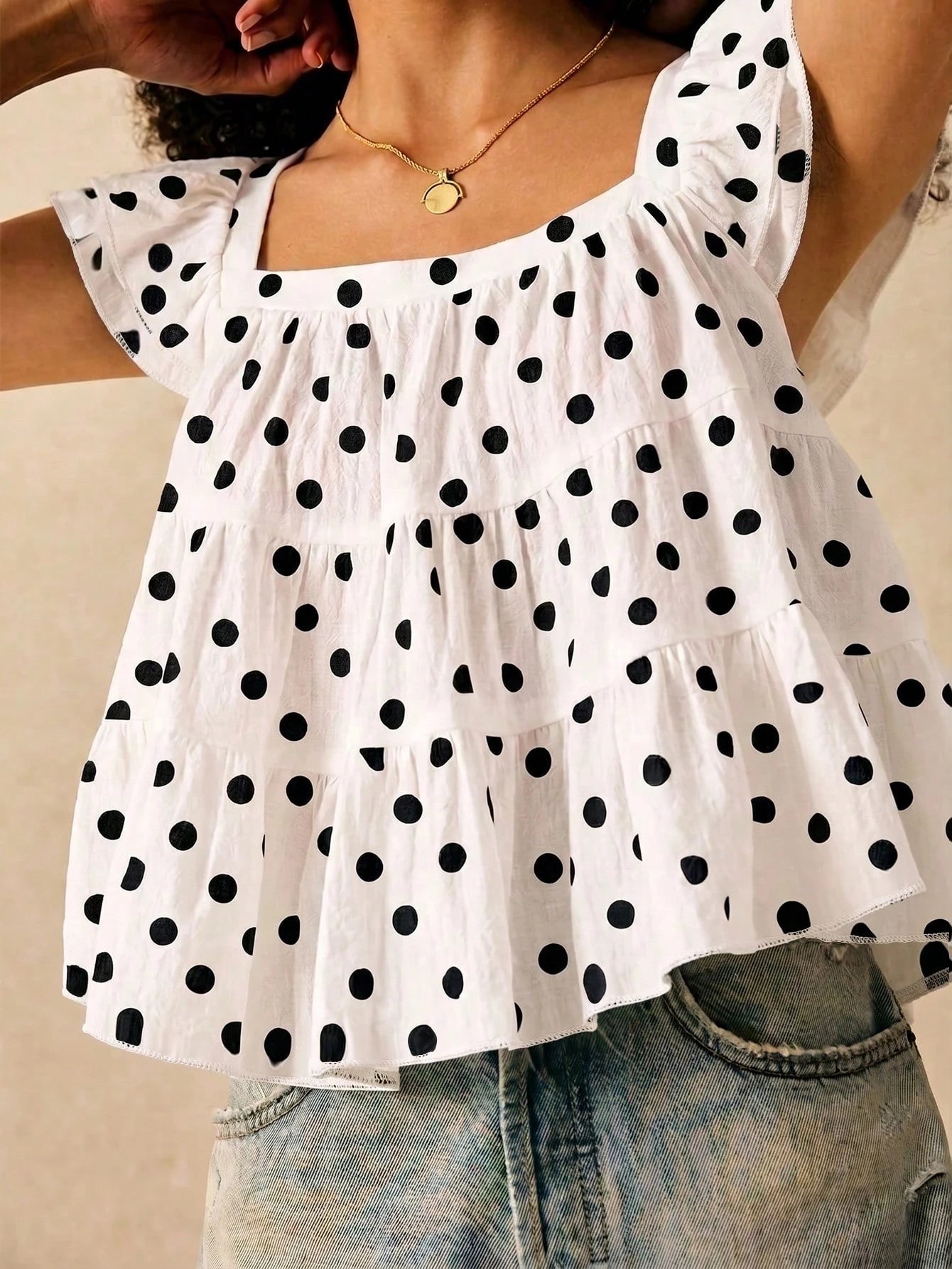 Muvela Women's Cute White With Black Polka Dots Summer Multi-Layer Ruffle Loose Blouse,Brunch Holiday Fashionable Elegant Top For Beach,Vacation,Y2K Party