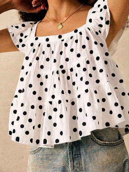 Muvela Women's Cute White With Black Polka Dots Summer Multi-Layer Ruffle Loose Blouse,Brunch Holiday Fashionable Elegant Top For Beach,Vacation,Y2K Party