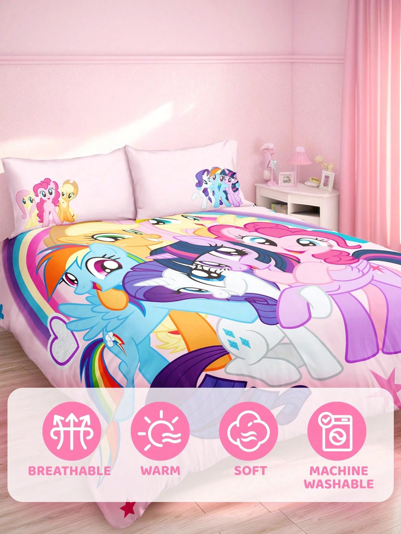 My Little Pony X 3pc Cartoon Pony Print Duvet Cover Set Made Of Soft, Warm, And Breathable Fabric. The Pink Duvet Cover Is Suitable For Single, Double, King, And Queen Beds. Machine Washable