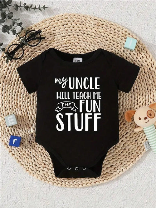 "My Uncle Will Teach Me The Fun Stuff" Print Infant's Triangle Bodysuit, Casual Short Sleeve Romper, Baby Boy's Outdoor Clothing