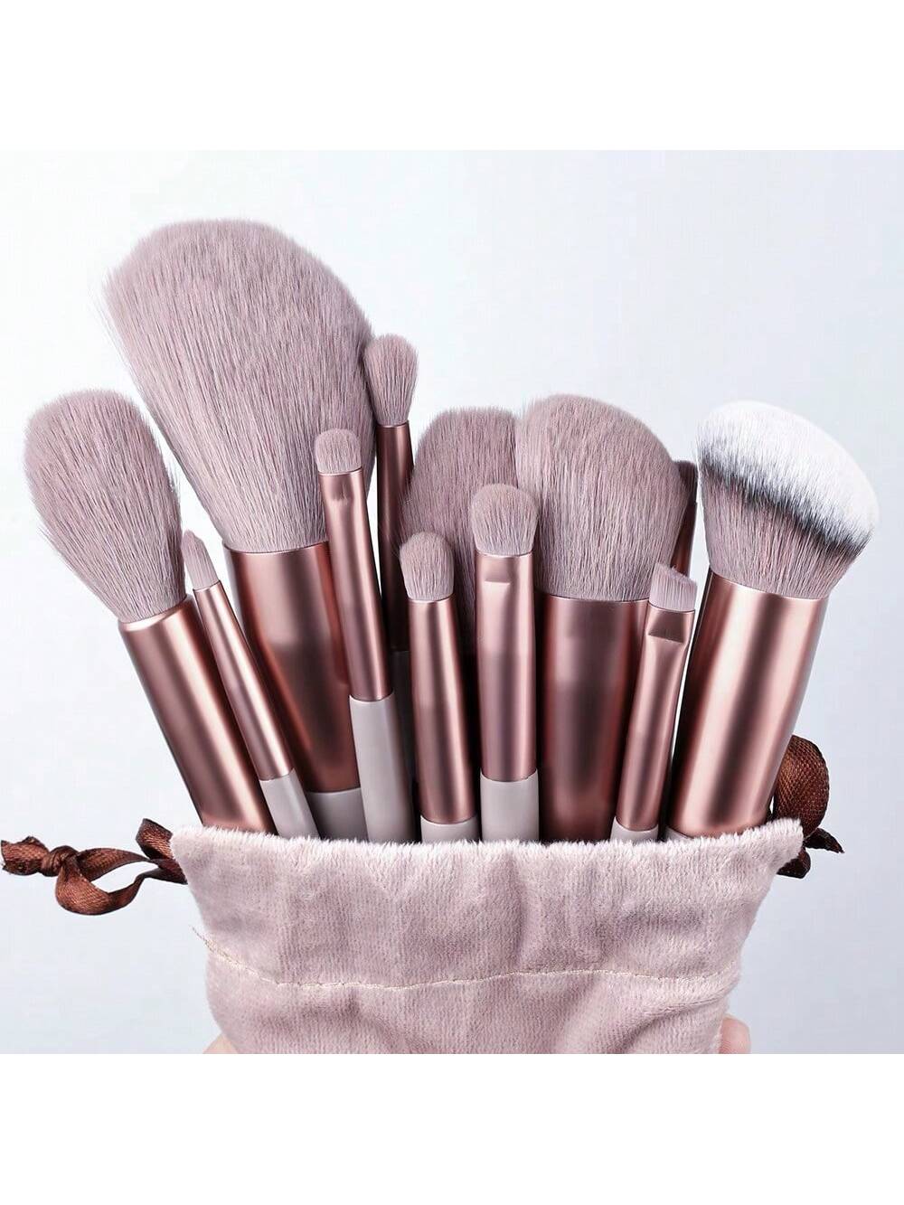 New 13pcs Portable Coffee-Brown Makeup Brush Set With Velvet Bag, Including Blush Brush, Eyeshadow Brush, Powder Brush, Contour Brush, Concealer Brush, Full Set Of Makeup Tools,Brush Set,Makeup Brush