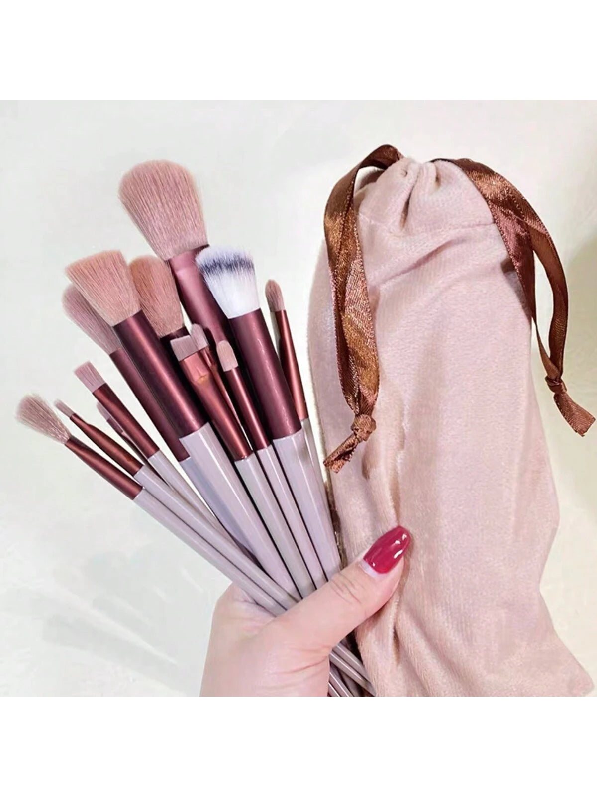 New 13pcs Portable Coffee-Brown Makeup Brush Set With Velvet Bag, Including Blush Brush, Eyeshadow Brush, Powder Brush, Contour Brush, Concealer Brush, Full Set Of Makeup Tools,Brush Set,Makeup Brush
