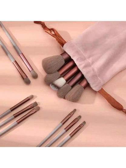 New 13pcs Portable Coffee-Brown Makeup Brush Set With Velvet Bag, Including Blush Brush, Eyeshadow Brush, Powder Brush, Contour Brush, Concealer Brush, Full Set Of Makeup Tools,Brush Set,Makeup Brush